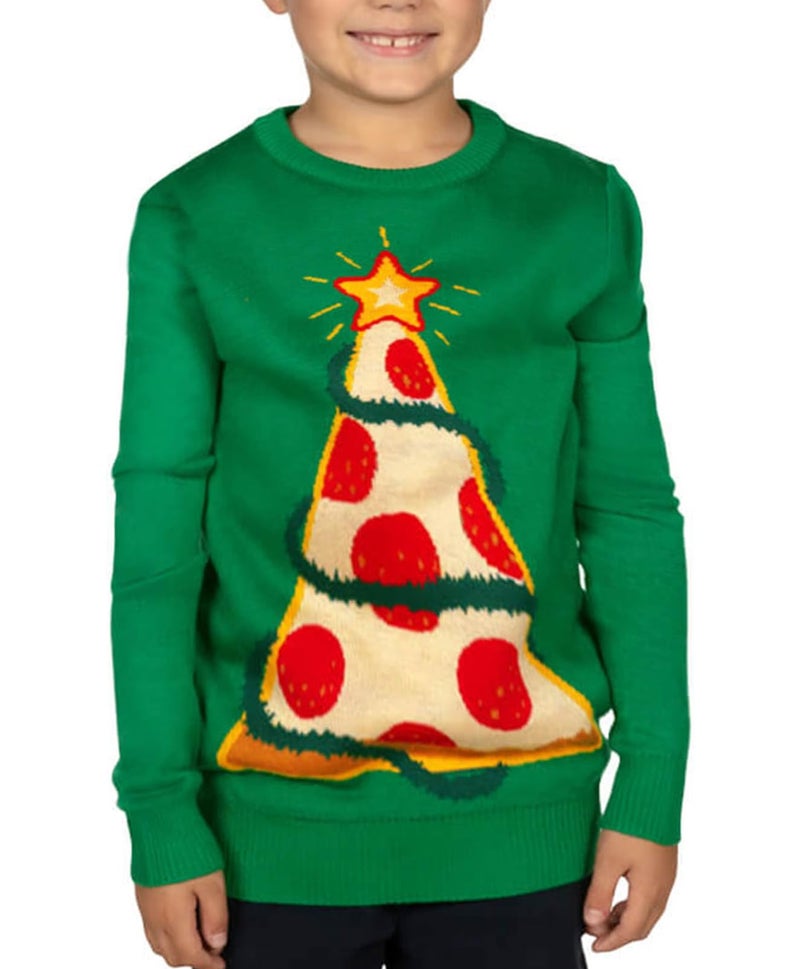 Tipsy Elves Christmas Sweaters for Kids - Children's Cute and Tacky Ugly Pullovers for Boys and Girls Youth Holiday Knitwear - Youth Green Pizza Tree Christmas Sweater Size Small - Image 1